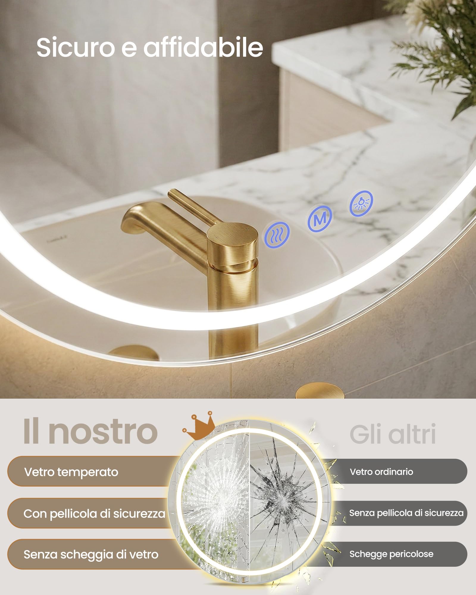 SONGMICS Specchio Bagno con Luce, Specchio da Parete Rotondo, Funzione Antiappannamento, Tonalità e Luminosità Regolabili, Trucco, Camera da Letto Bagno, 61 cm, Bianco Nuvola LWM211WC02