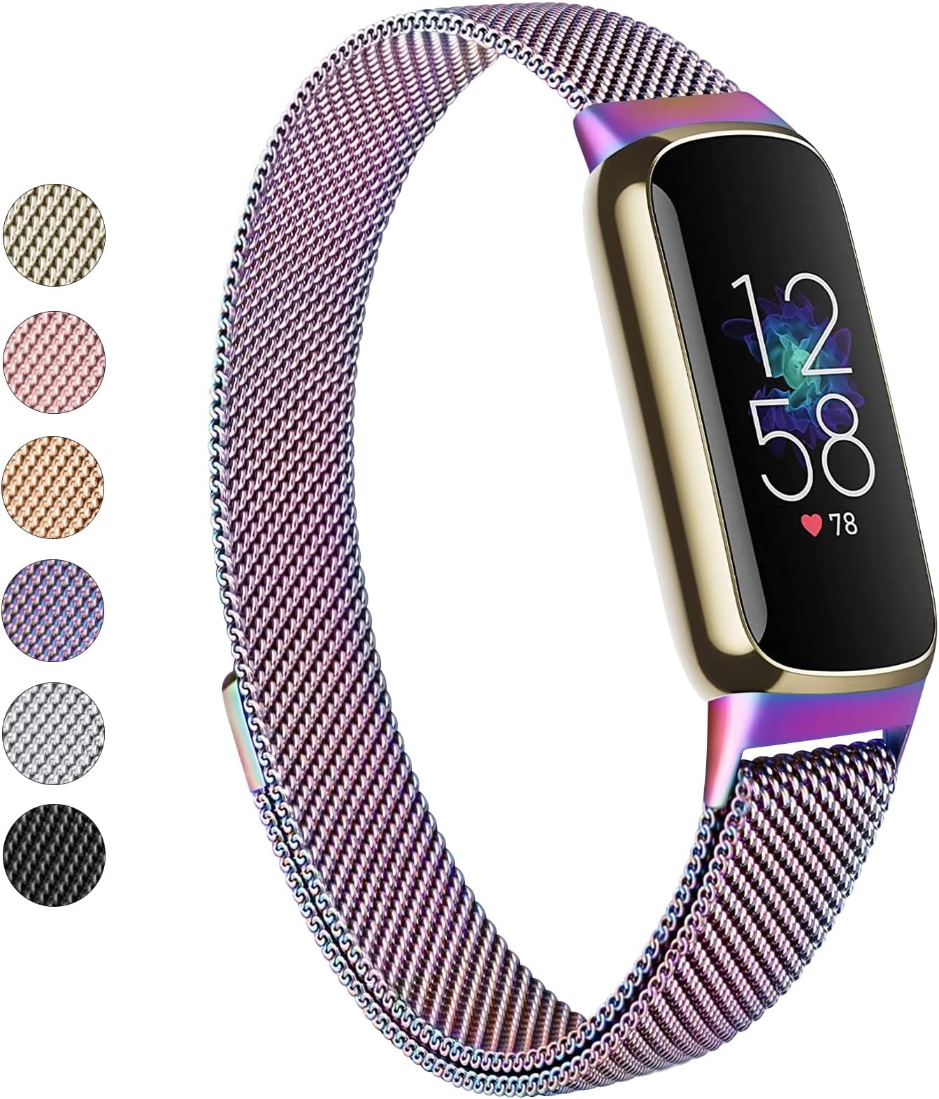 Vanjua Stainless Steel Mesh Loop Adjustable Wristband Replacement Strap for Fitbit Luxe/Luxe Special Edition Fitness Tracker Women Men (Colorful, 5.9-8.6 inches)