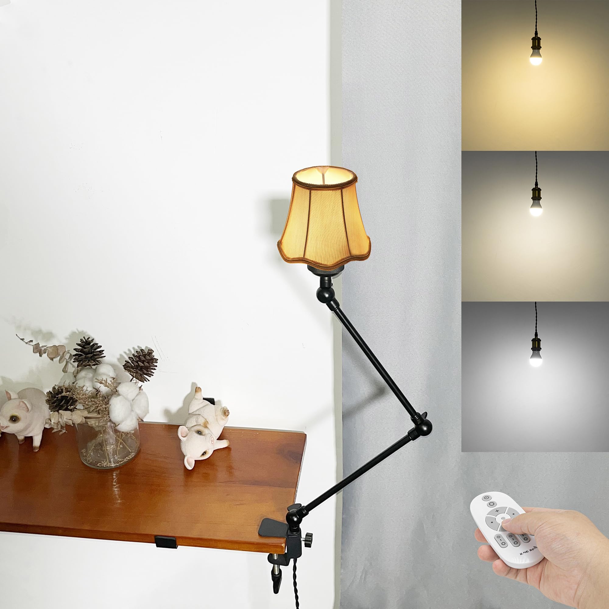 Klemmleuchte mit Fernsteuerung,1 Packung Leselampe mit 2,5 m Kabel, Dimmbar Nachttischlampe,Augenpflege Schreibtischlampe für Büro Heimgebrauch, E27 Lampenhalterung - DZ0329/804