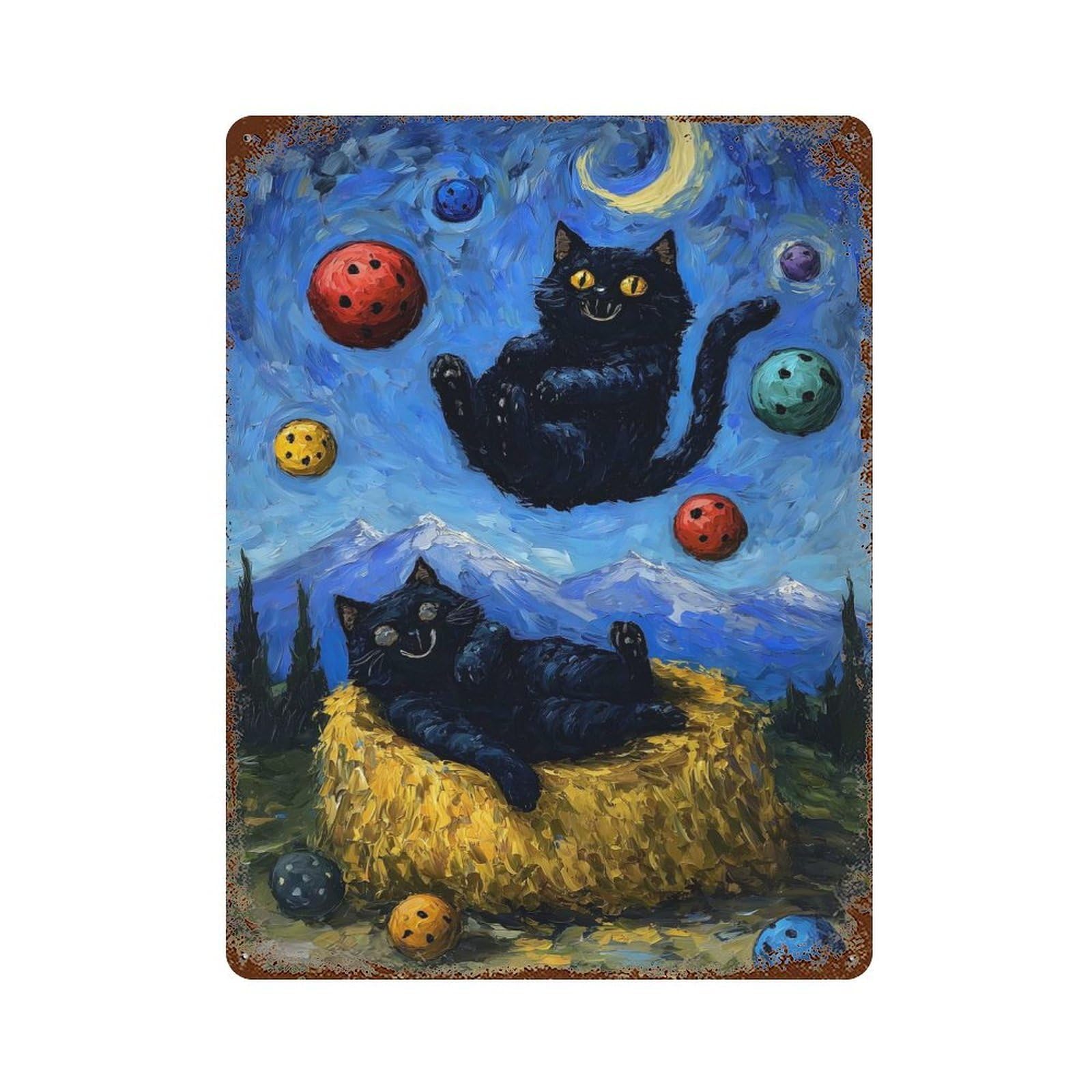 Distressed Metal Wall Sign Cats in A Starry Night Parody 15.7"x11.8", Vintage Wall Decor for Cafe, Home Bar And Lounge Decor