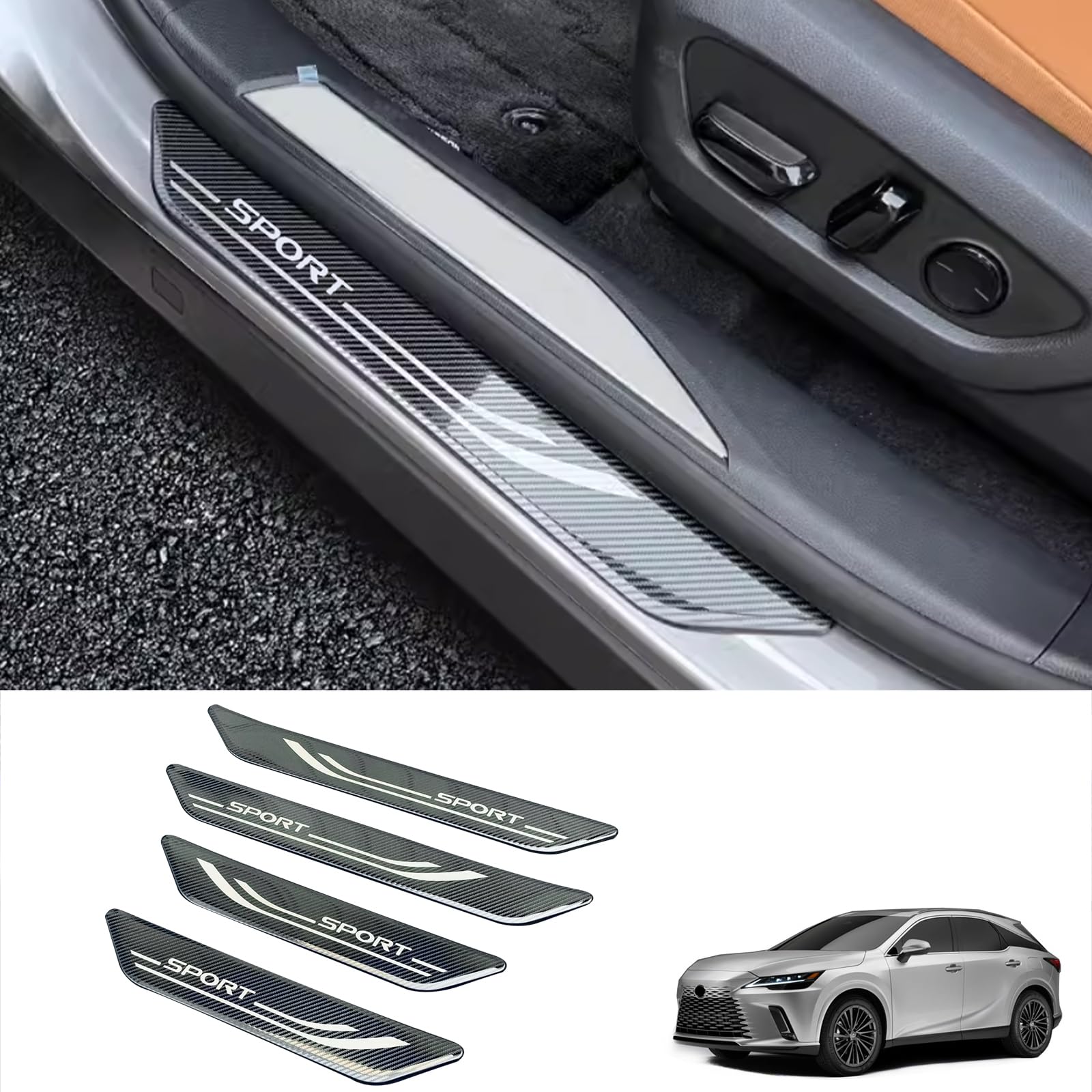 JIEOSDIN Car Accessories Outside Door Sill Scuff Plate Guard Cover Trims Compatible with Lexus New RX RX350 RX350h RX500h F Sport 2023 (Carbon Fiber) 4PCS Stainless Steel