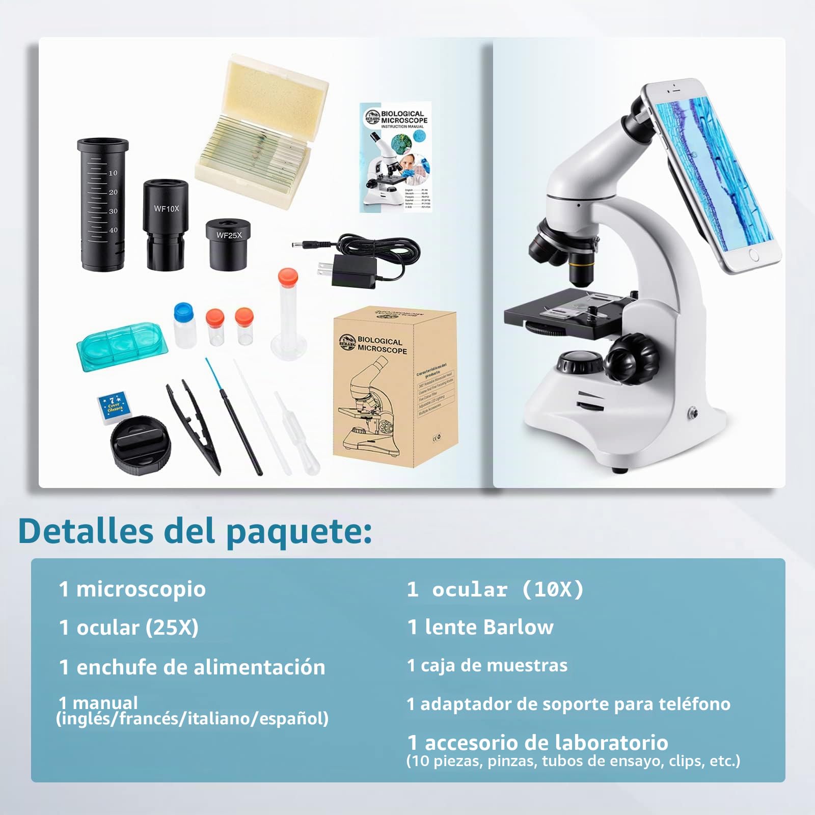 Microscopio Óptico 80X-2000X, Cuerpo Metálico, 2 Oculares WF, Iluminadores Duales, Enchufe UE, Completo Accesorios para Estudiantes Principiantes Adultos