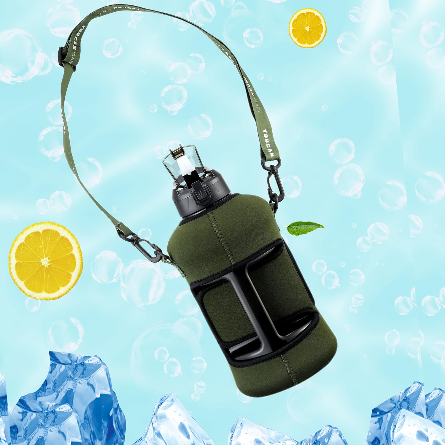 Youcan Plato Trinkflasche 2l Mit Strohhalm und Ärmel,Wasserflasche 2 Liter,5 liter Trinkflasche Sport,Gym Flasche, Fitness Gallon Water Bottle,Trinkflasche BPA Frei,Flasche Für Kohlensäure