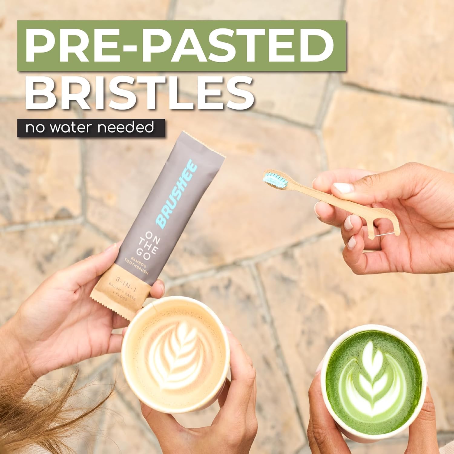 Brushee - Juego de 12 cepillos de dientes de bambú - Cepillo de dientes de viaje 3 en 1 con hilo dental - Cepillos de dientes desechables suaves y ecológicos con pasta de dientes con sabor a menta
