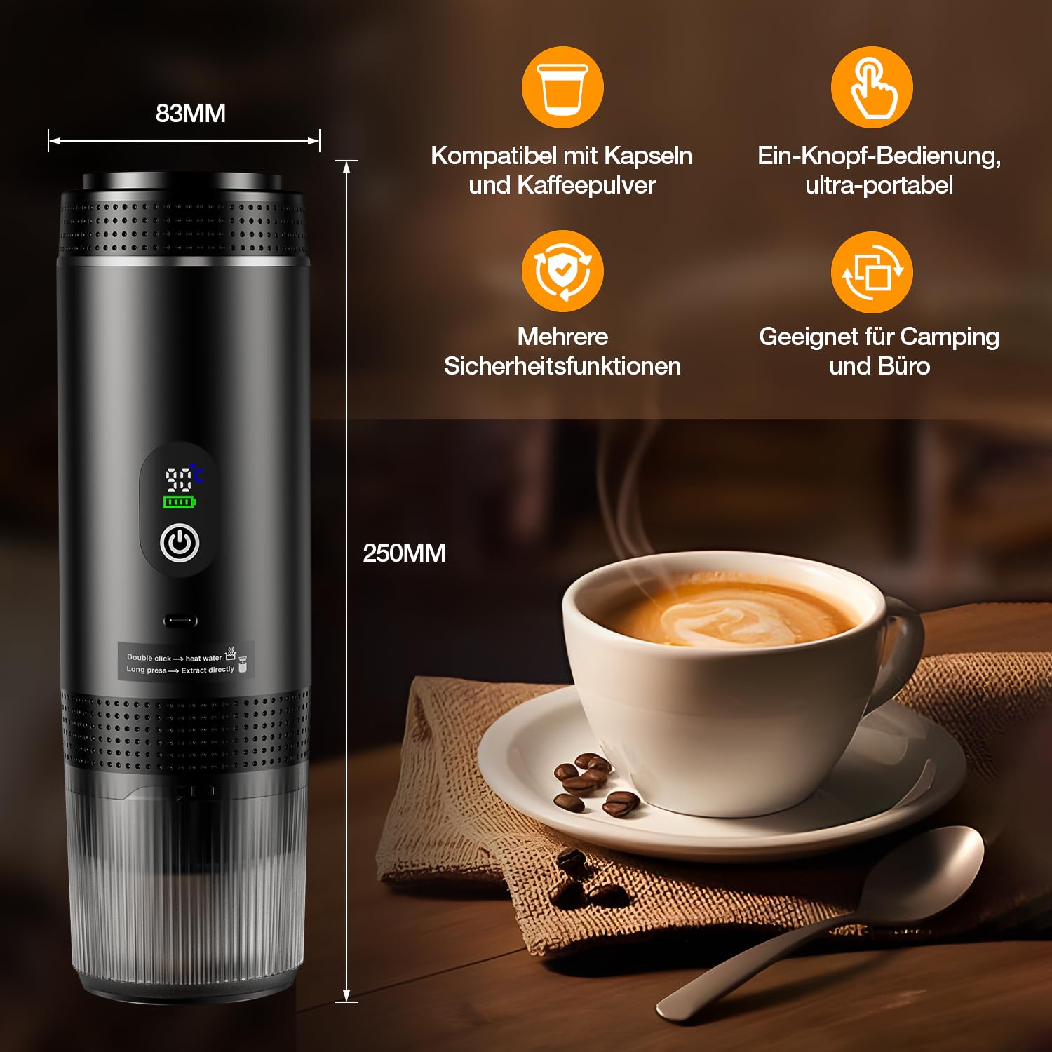 Mini Kaffeemaschine für unterwegs 3 in 1 Akku Espressomaschine mit USB kompatibel mit Kapsel und gemahlenem Kaffee