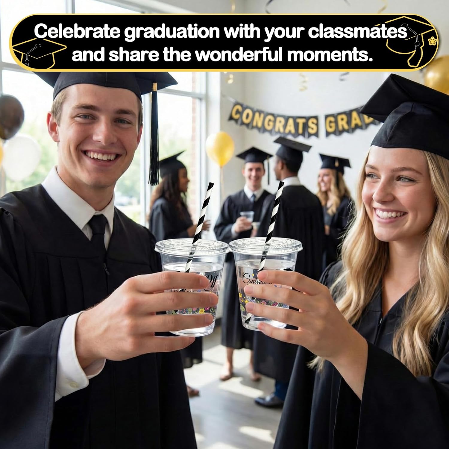 Patelai 100 Set 16oz Graduation Cups with Lids Straws Floral Graduation Decoration Class of 2026 Disposable Plastic Cups Congrats Juice Drinking Mugs for Wildflowers Congrats Grad Party Tableware