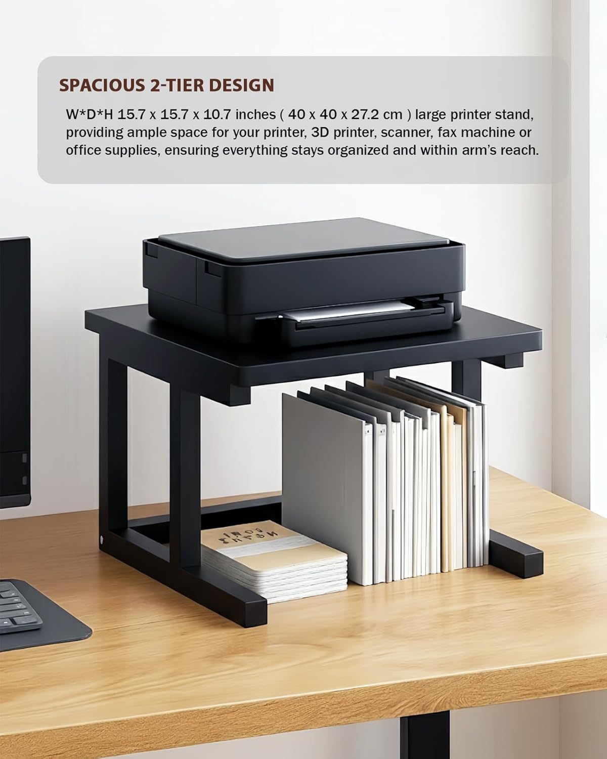 Desktop Printer Stand, 15.7″x 15.7″ 2-Tier Large Printer Shelf fit 3D Laser Printer/Scanner/Fax Machine, Industrial Storage Rack for Home Office Storage, Black P4040-B
