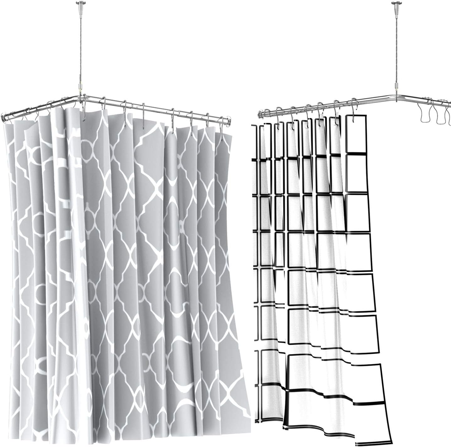 Stretchable Corner Shower Curtain Rod - Easy Assemble 304 Stainless L Shaped 24-32" x 32-48" with Ceiling Support,for Bathroom Bathtub, Clothing Store,Private Space（Free Curtain Hook ）