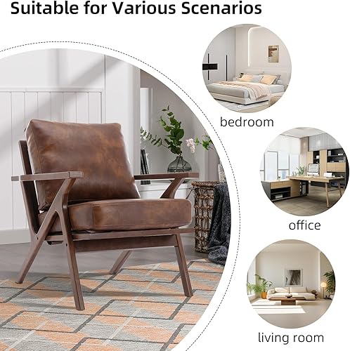 Miniatura 9 de INZOY Silla decorativa moderna Mid-Century con marco de madera, silla de sala de estar de piel sintética y sillón acolchado suave y grueso para sala