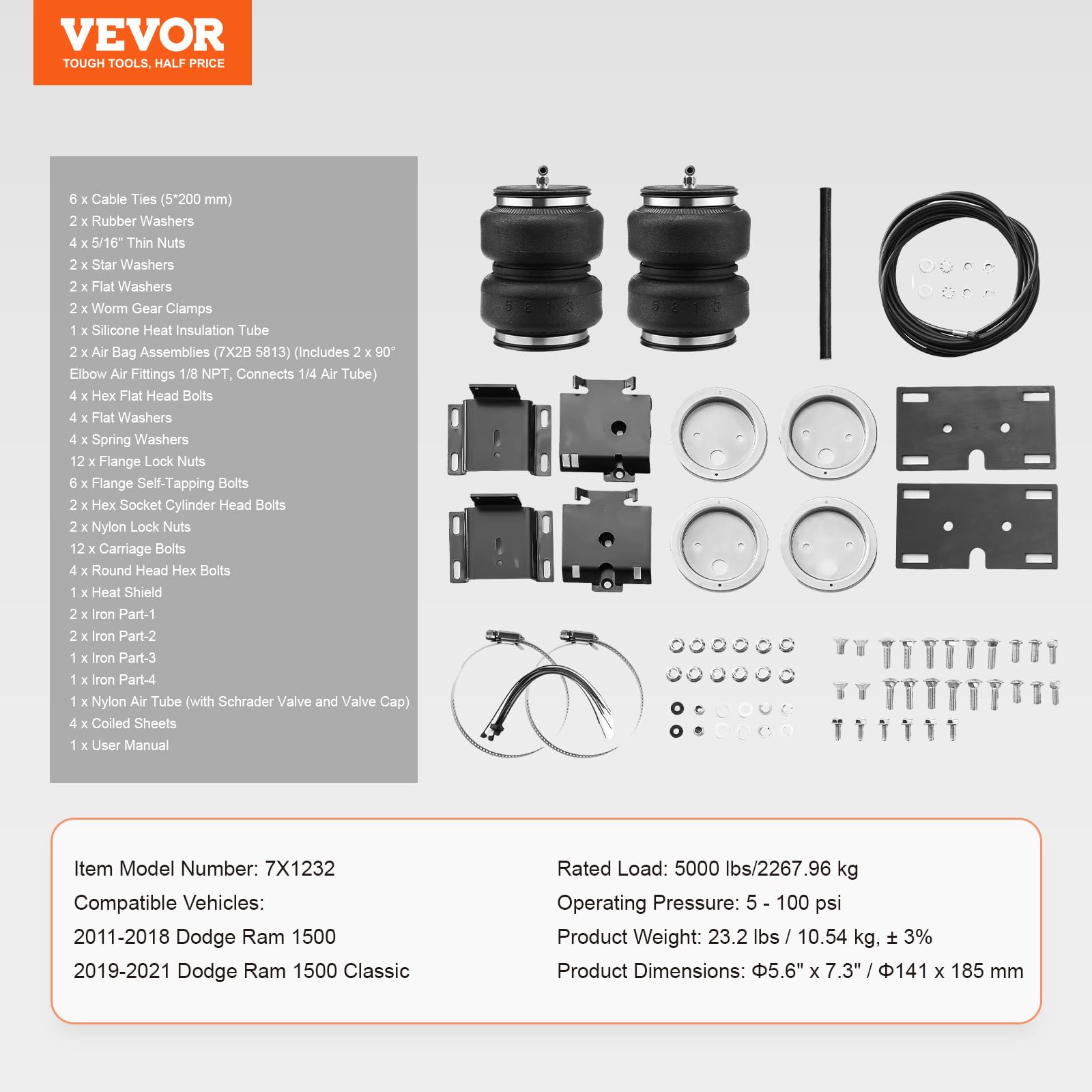 VEVOR Airbag-Federungssatz Luftfeder kompatibel mit Dodge Ram 1500 2011-2018 2019-2021 Classic 5000 lbs 5-100 PSI