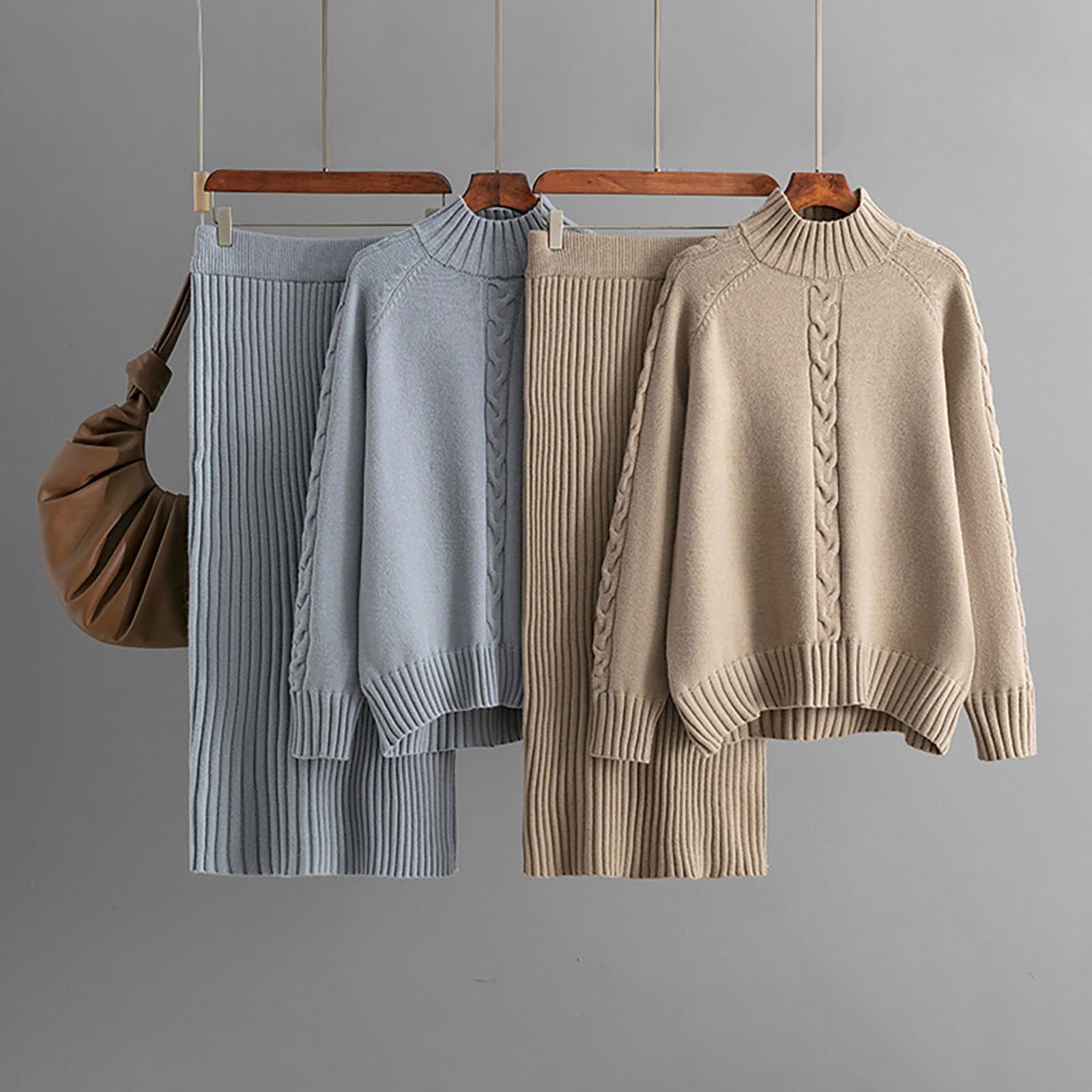 Generisch Maglione da donna in due pezzi, collo lavorato a maglia, per autunno e inverno, vestibilità larga, alla moda