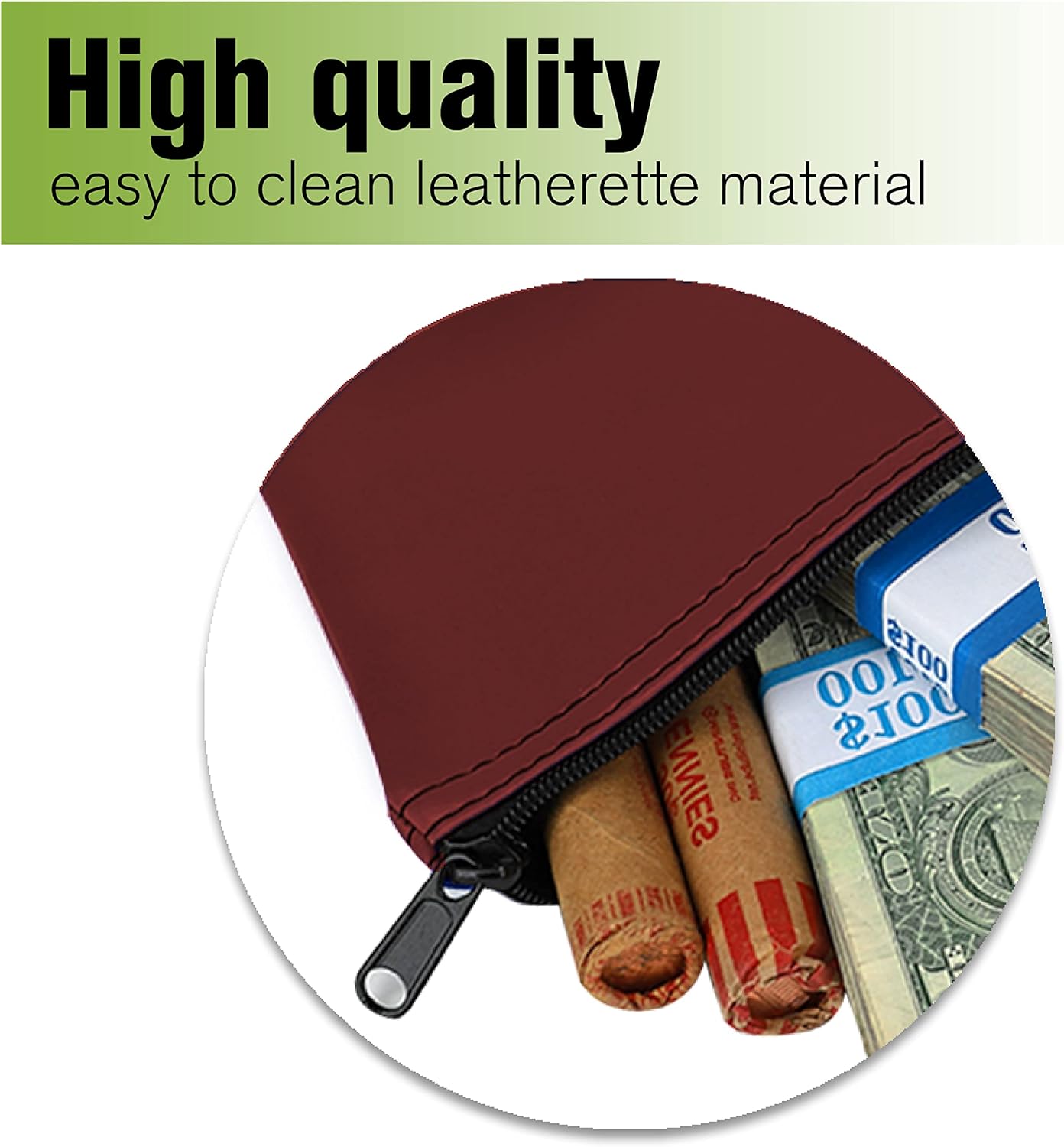 Burgundy Expanded Vinyl Reusable Deposit Bag 11Wx 6H with Heavy Duty Zipper for Cash Checks and Documents - Image 3