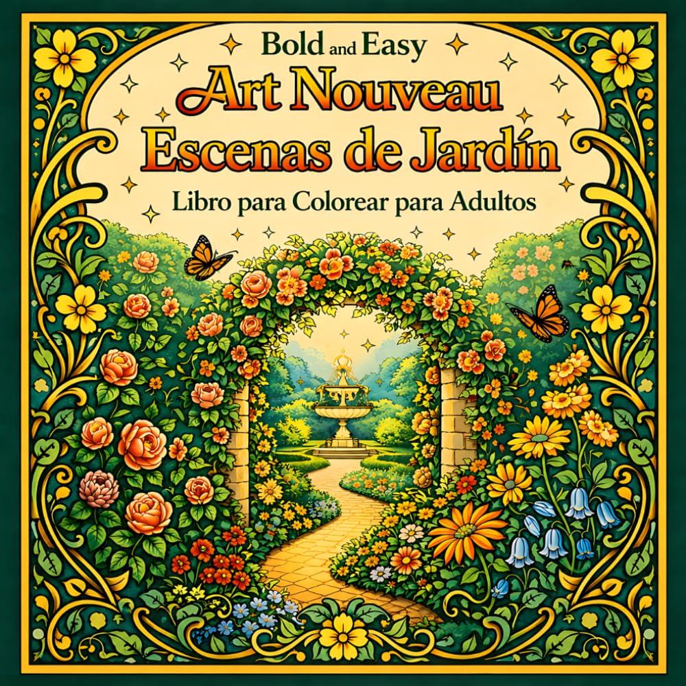 Bold and Easy Escenas de Jardín Art Nouveau: Libro para Colorear para Adultos con Naturaleza, Flores y Paisajes Tranquilos