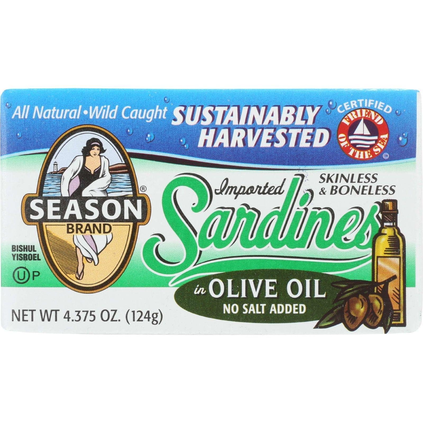 Season Brand Sardines - Skinless and Boneless - in Olive Oil - No Salt Added - 4.375 oz - case of 12