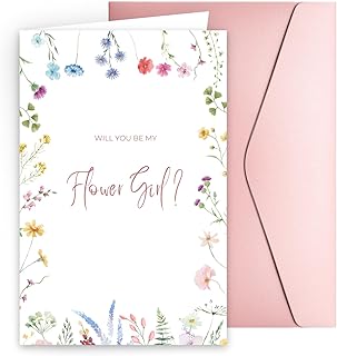 Flower Girl Proposal Card - Will You Be My Flower Girl Invite Ask - Pretty Floral Wedding Party Gifts Box Idea with Pink Envelope & Seal US-WDFLAW1P