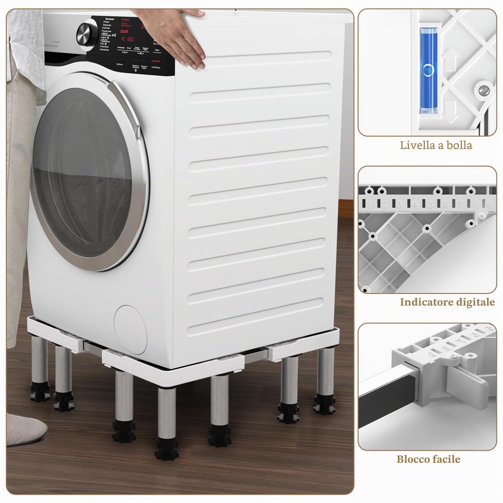 DEWEL Base per lavatrice regolabile 43-66,5 cm, 12 piedi, bianco