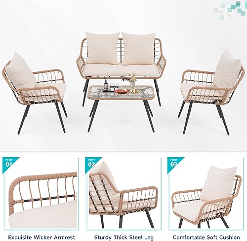 Miniatura 3 de Verano Garden - Juego de muebles de patio de 4 piezas, juego de conversación de patio al aire libre de mimbre para porche, sofá de estilo bohemio y