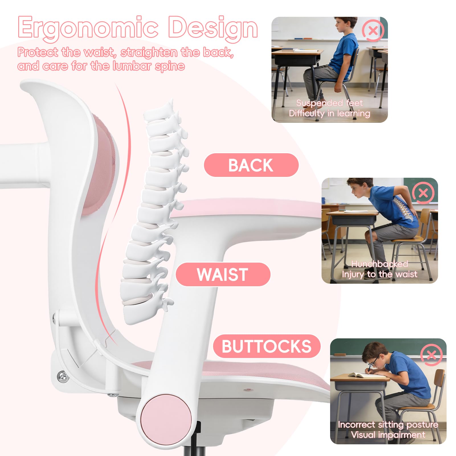 Chaise de Bureau Enfant, Siege Enfant reglable, Fauteuil Etude Ergonomique pivotant 360 degres, Hauteur Ajustable, accoudoirs relevables, Repose Pieds, Chaise Ordinateur Garcon Fille (Pink)