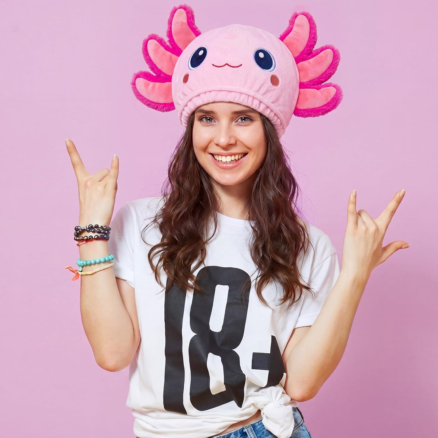 Mindsoft Axolotl Party Hat Plush Axolotl Costume for Adult Pink Cute Stuffed Hat Birthday Supplies Funny Animal Headwear for Cosplay Women Men Themed Party Decoration