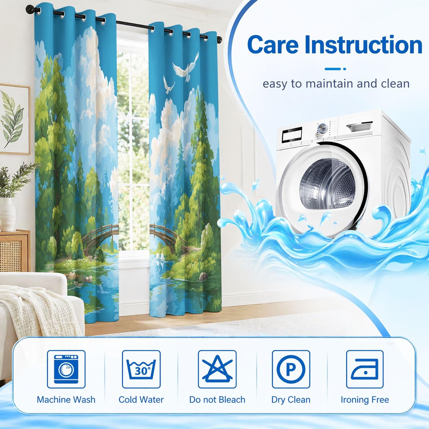 Générique Rideaux Occultants Nature Fraîche 140L X 260H cm Lac Serein, Pont Bois, forêt luxuriante – Isolation Thermique et Protection de l'Intimité, 2 Panneaux pour Chambre d'enfant