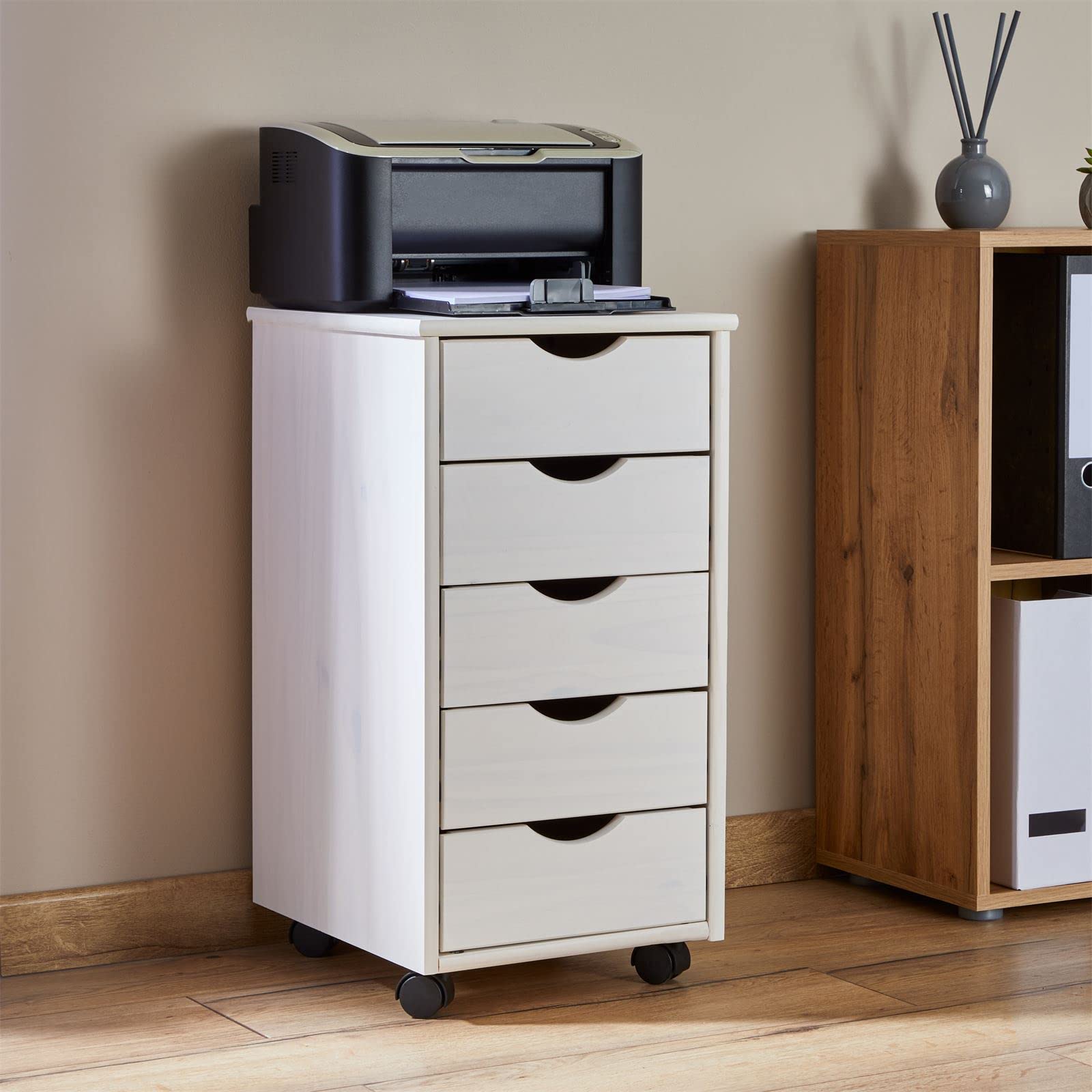 IDIMEX Caisson de Bureau Lagos Meuble de Rangement sur roulettes avec 5 tiroirs, en pin Massif lasuré Blanc