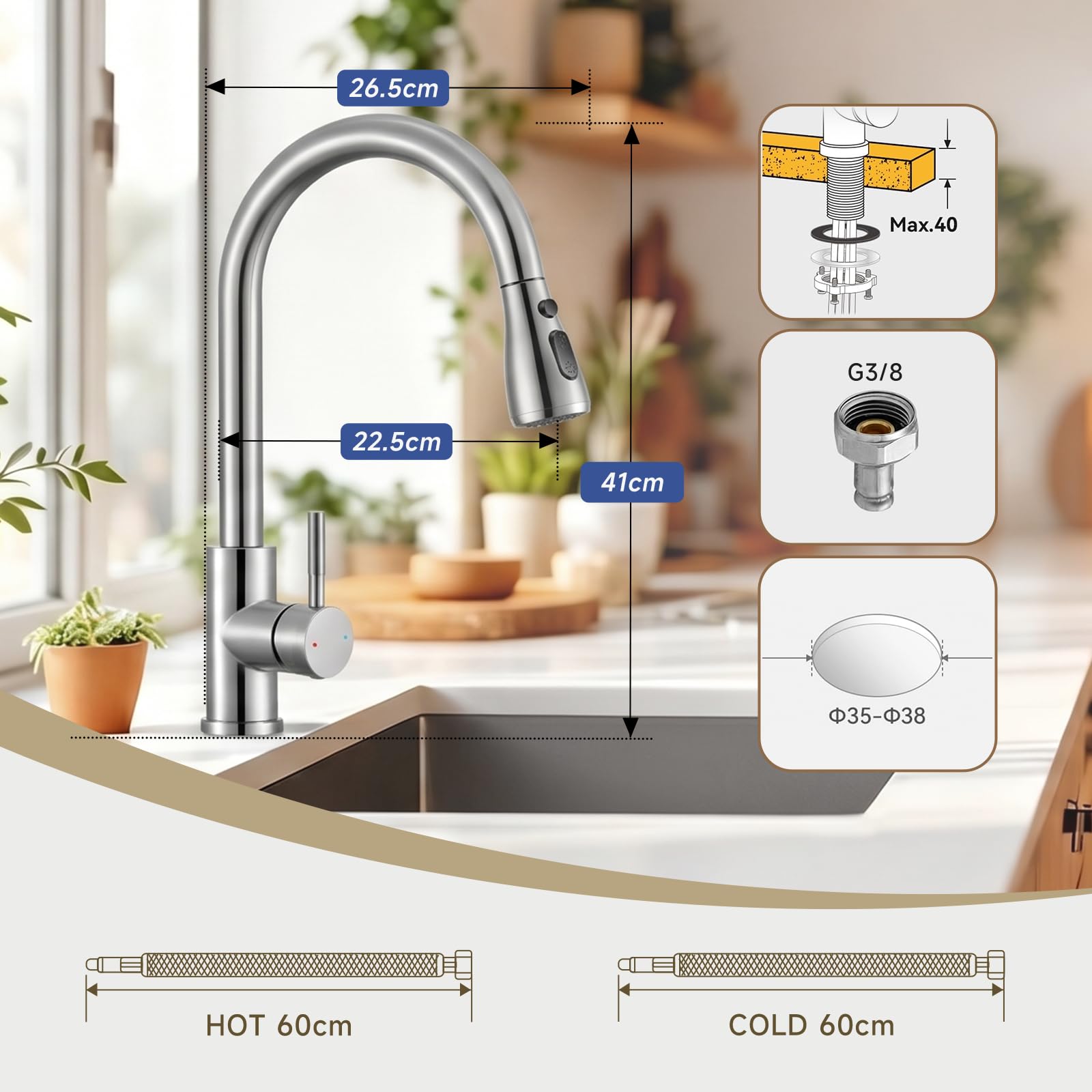 Robinet de cuisine extensible avec pivot flexible à 360°, robinet de cuisine haute pression pivotant, flexible en acier inoxydable pour la cuisine, 2 sorties d'eau