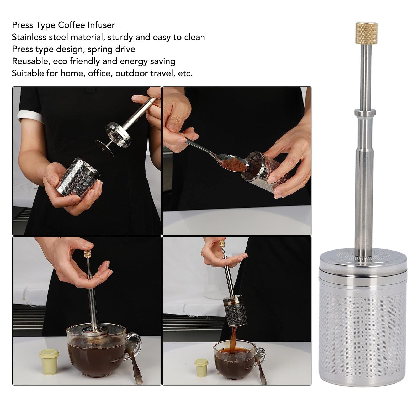 Pressca Petite cafetière à piston française avec filtre réutilisable, machine à café portable, infuseur à café et à thé, système de presse manuelle, compatible avec le café moulu, cafetière de voyage