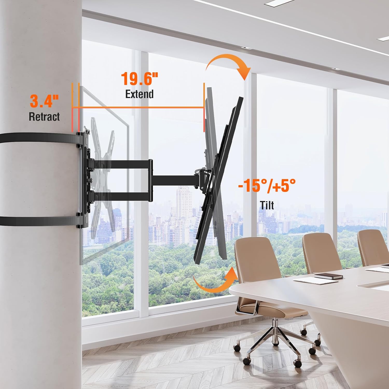 ELIVED Pillar TV Mount showing extension from 3.4 inches to 19.6 inches and tilt range of -15 to +5 degrees.