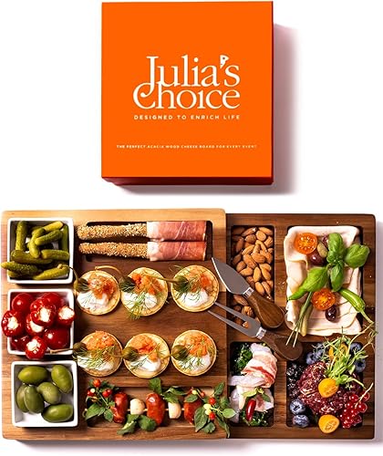 Premium Acacia Wood Large Charcuterie Board Set - Compact Swivel Cheese Board Set with Cutting Knives and Ceramic Bowls for Serving Meat, Cheese,