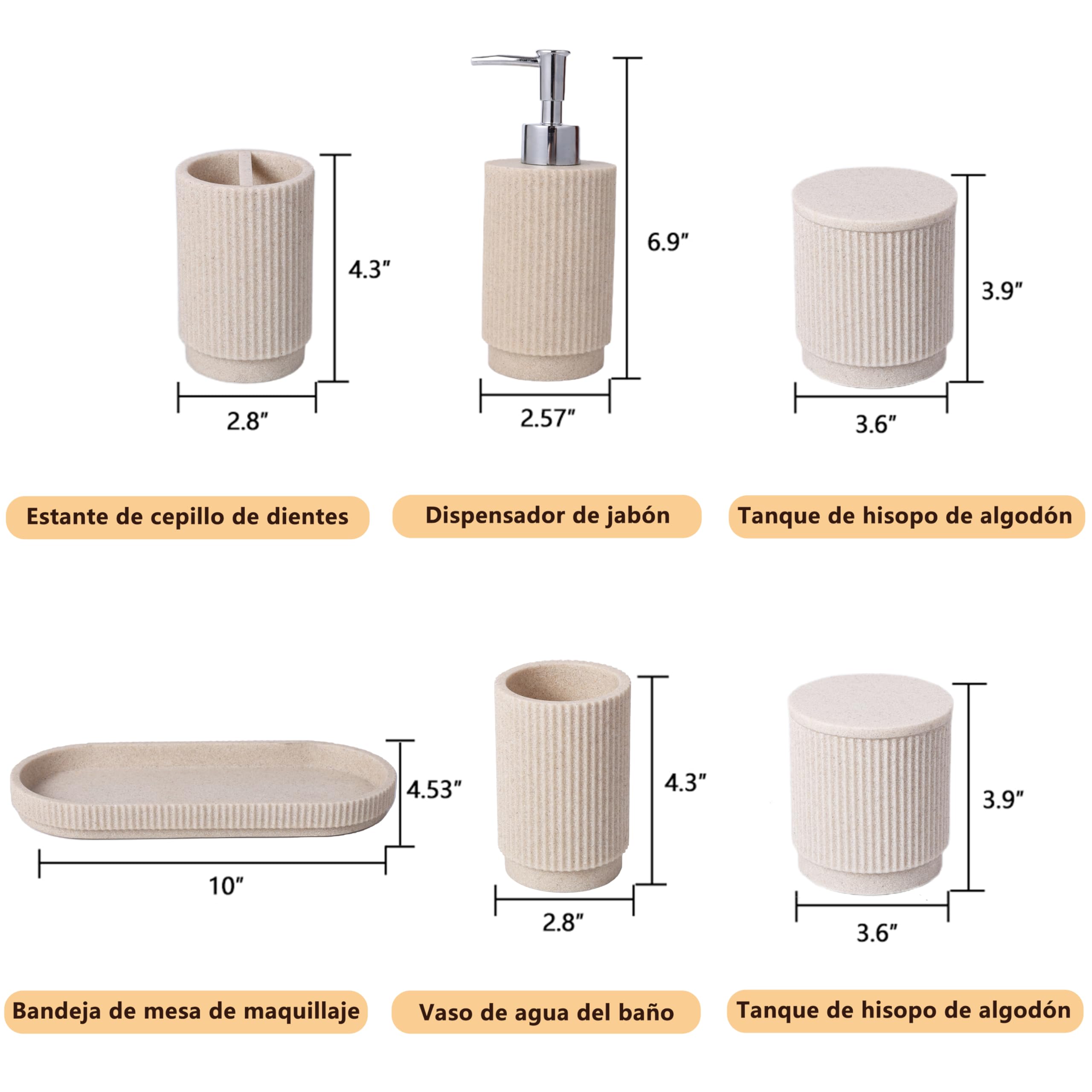 Set Completo de Accesorios de Baño 6 Piezas, Resina Beige Rayada | Dispensador de jabón, vaso, porta cepillos, bandeja, algodonero y organizador; conjunto completo para lavabo, tocador y baño.