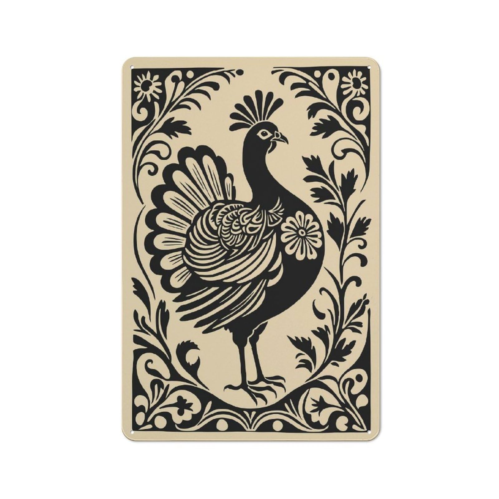Junmoney Style-12 Peacock Silhouette With Floral Border Vintage Metal Wall Decor 30X20cm, Vintage Metal Sign For Hallway, Home Bar, Garage Or Study