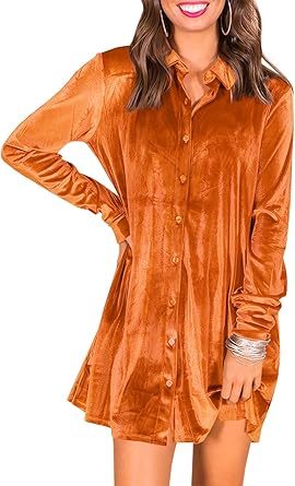 Ivay Womens Spring Button Down Tshirt Dresses Velvet Tunic Dress with Pockets Grey