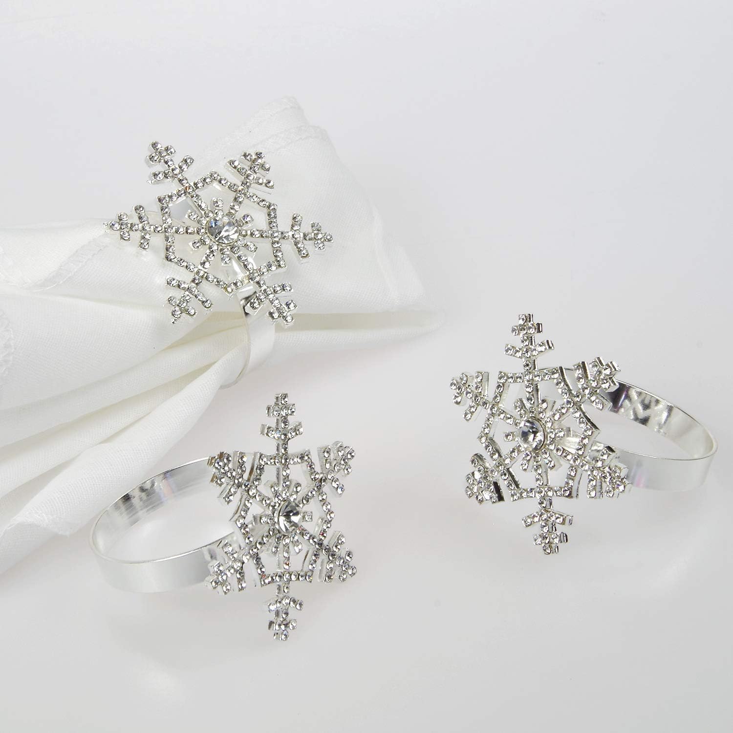 Silver Snowflake Napkin Rings with Diamond for Christmas Thanksgiving Table Decoration(Set of 6)