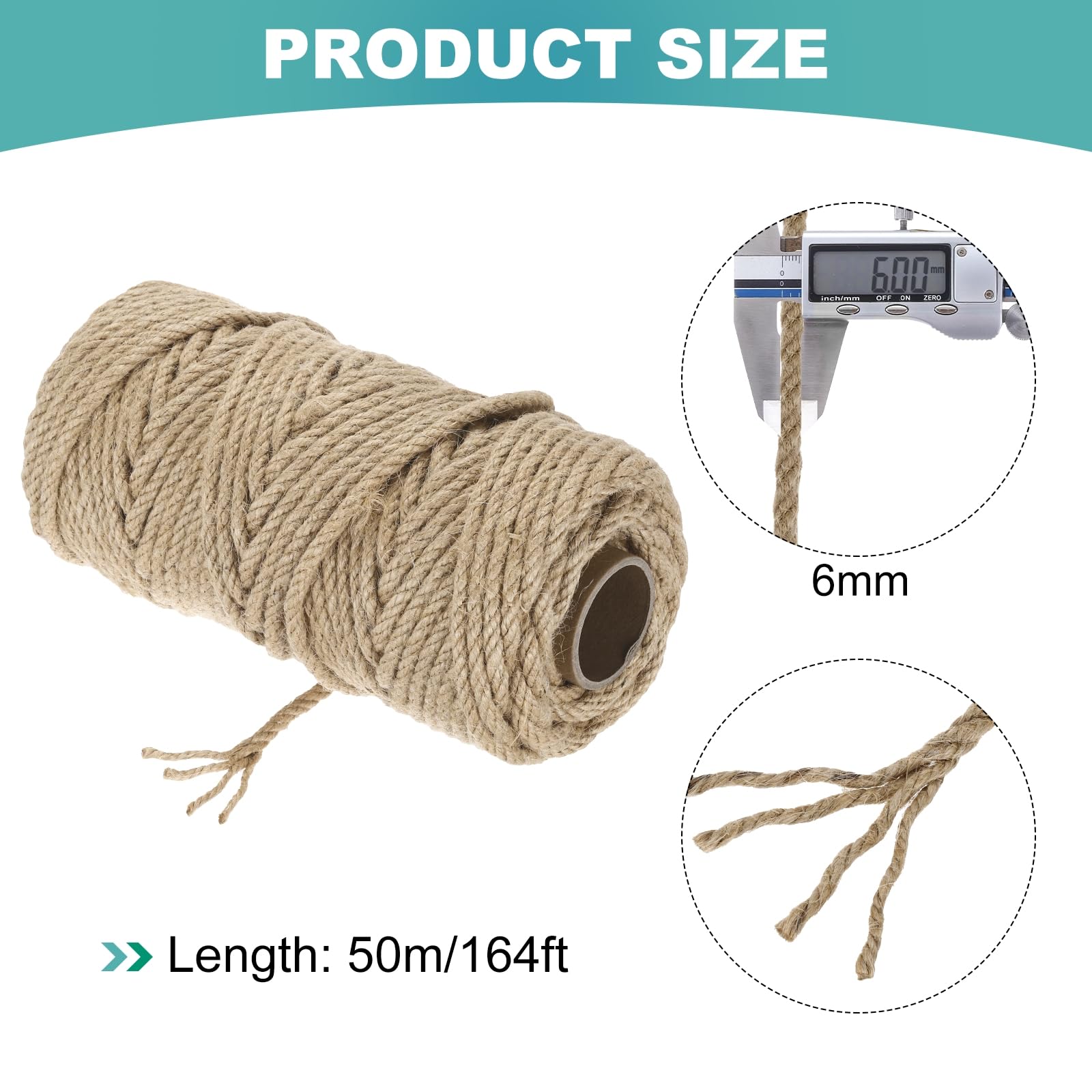 QUARKZMAN Cordel Natural de Yute 164 pies x 6mm Cuerda Larga y Resistente para Manualidades, Cinta, Empaque de Regalos, Navidad, Bodas, Color Caqui