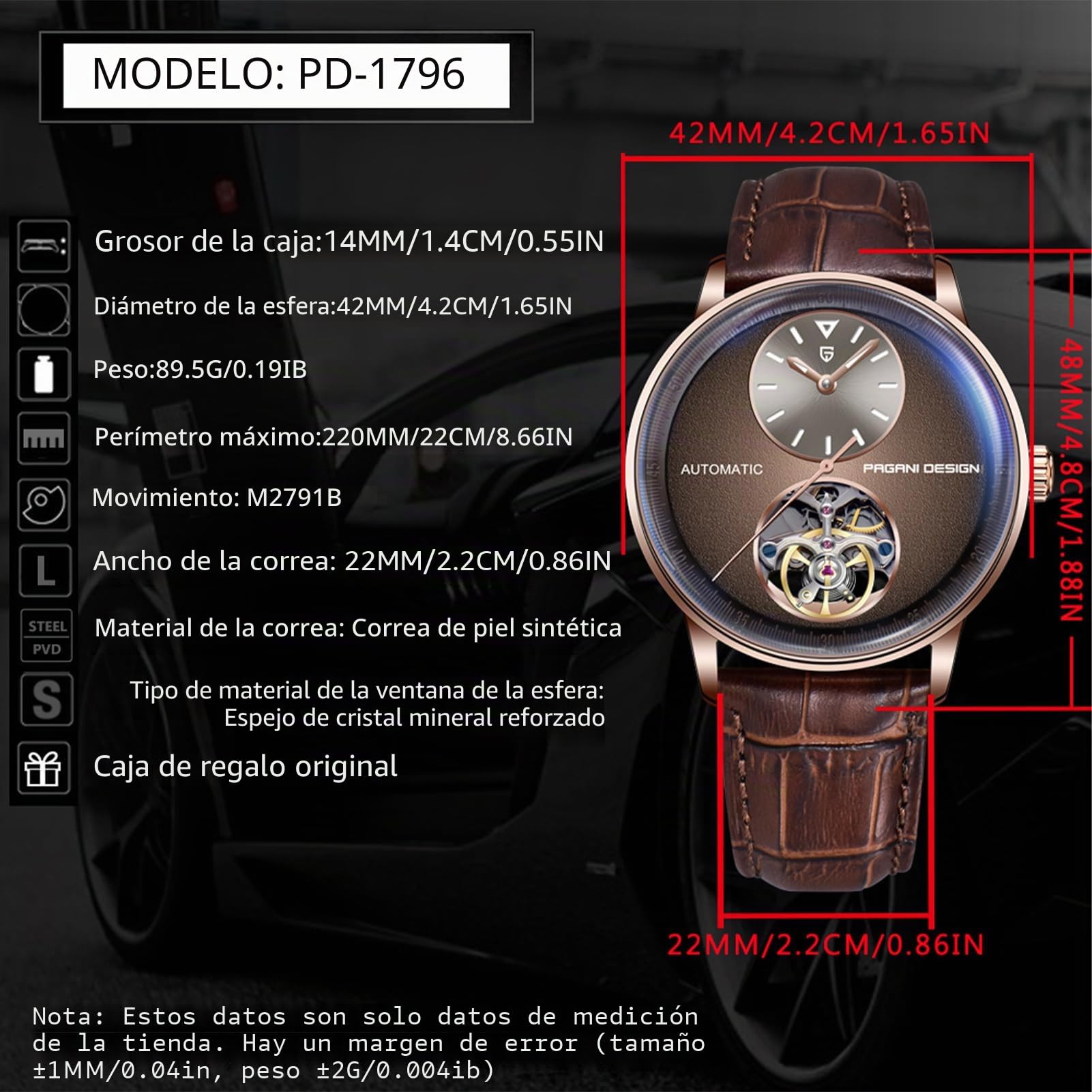 Pagani Design Reloj Automático Mecánico para Hombre - Movimiento Esqueleto Visible Acero Inoxidable 316L 42mm Resistente al Agua 100m (10ATM) Premium Cristal de Zafiro