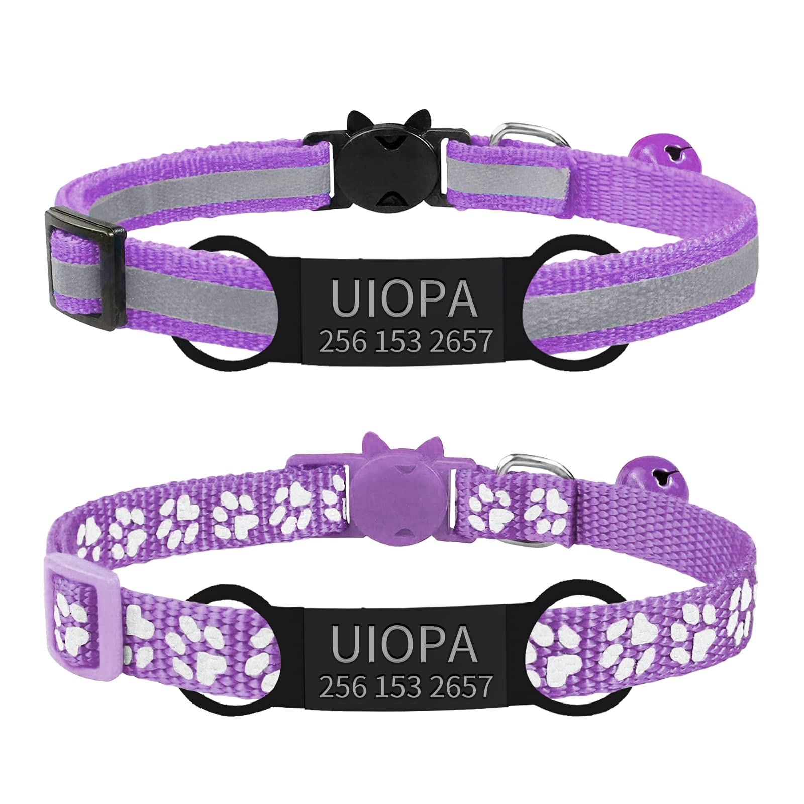 Uiopa 2 Pzs Collar Gato con Chapa Perro Grabada, Collar Gato Antiahogo con Cascabeles y Hebilla Seguro, Liberación Rápida Reflectante, Collar Perro Personalizado para Gato Mascota (Púrpura)