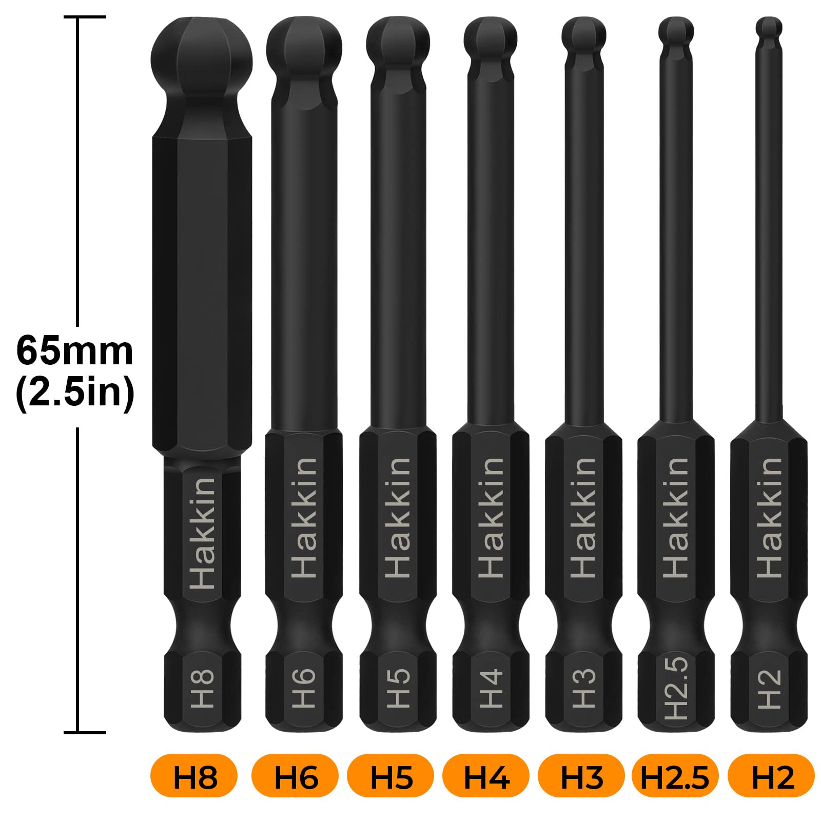 Hakkin Ball End Allen Key Bit with Ratchet Driver Hex Key Set S2 Steel 65mm 1/4" Hex Shank Allen Wrench Screwdriver Bits for Furniture Assembly H2-H8 - Image 3