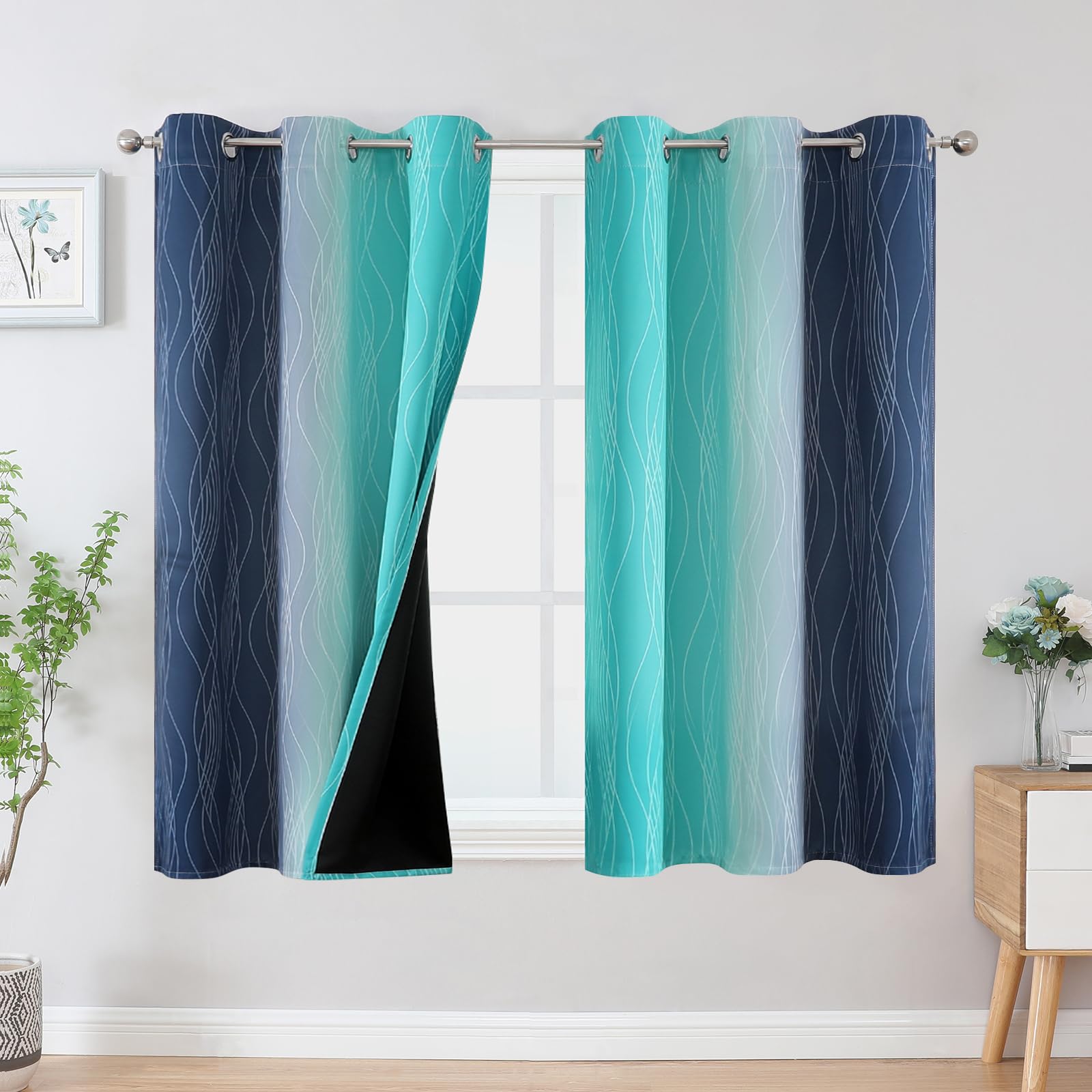 Estelar Textiler Navy Blue and Teal Ombre Blackout Curtains 45 Inch Length 2 Panels, Full Room Darkening Gradient Drapes for Kitchen, Thermal
