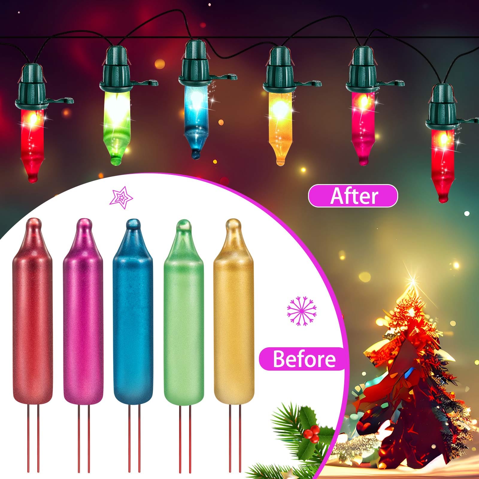 200-Pack Christmas Mini Light Bulbs – 2.5V / 0.425W / 0.17A Incandescent Replacement Bulbs, Clear Glass, Green Base, For Indoor & Outdoor Holiday Decor