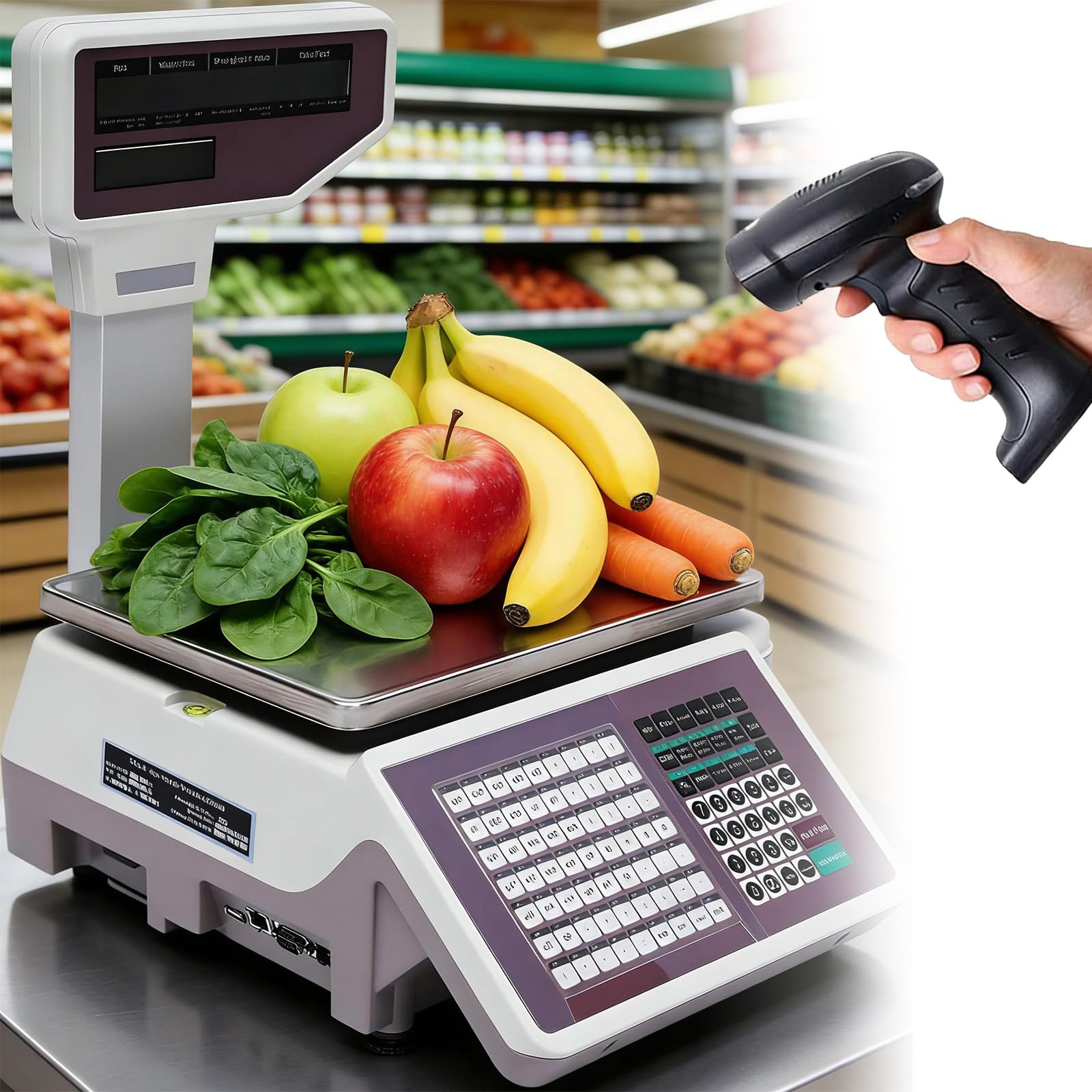 Bilancia Calcolo Prezzi Digitale 30kg,Bilancia da Banco con Stampante Etichette,Connessioni Multiple per Supermercati E Negozi di Alimentari DeviceandScanner