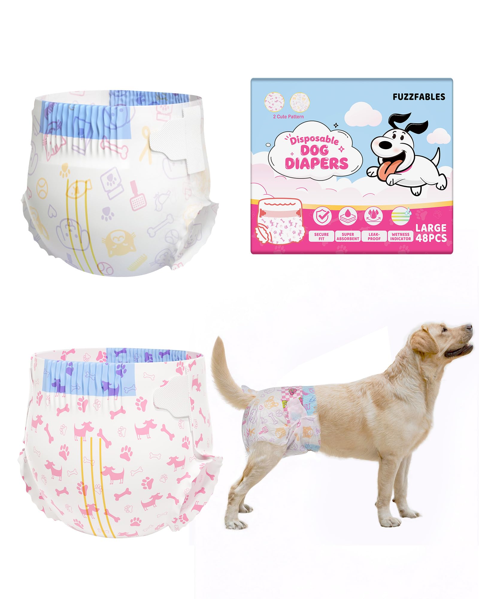 FuzzFables Disposable Female Dog Nappies, Super Absorbent Leak Proof with Wetness Indicator, 48 Count Pet Period Pants for Heat Cycle and Incontinence, Comfortable Adjustable Fit L