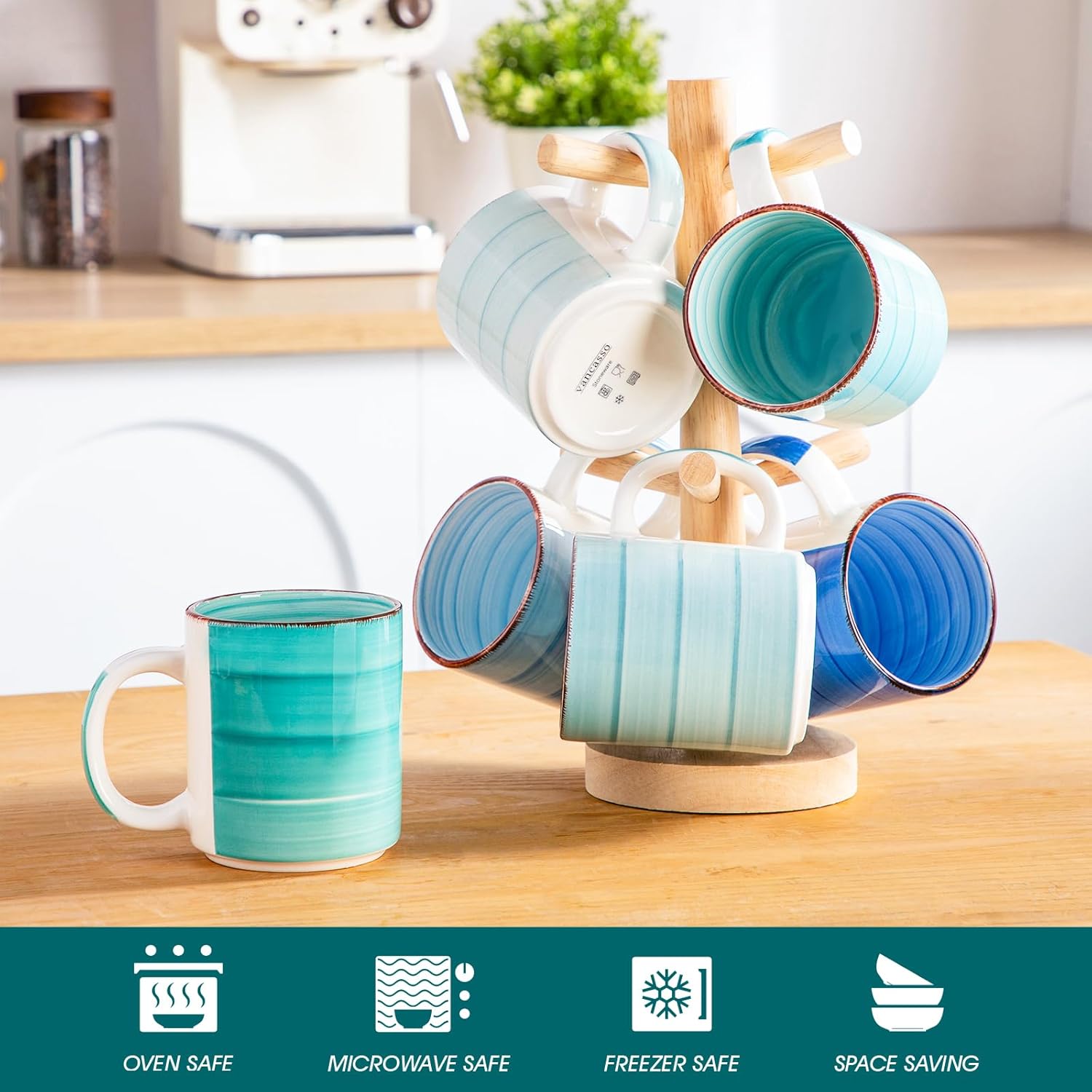 vancasso Bonita Ceramic Coffee Mug Set of 6,16 Oz Coffee Cups with Large Handle for Tea,Latte,Cappuccino,Milk,Cocoa,Dishwasher&Microwave Safe(Blue) - Image 4