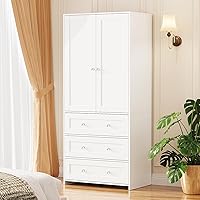 VOWNER 71" Armoire Wardrobe Closet with Mirror & 3 Drawers, 2-Door Bedroom Storage Cabinet w/ Hanging Rod, Large Capacity Organizer