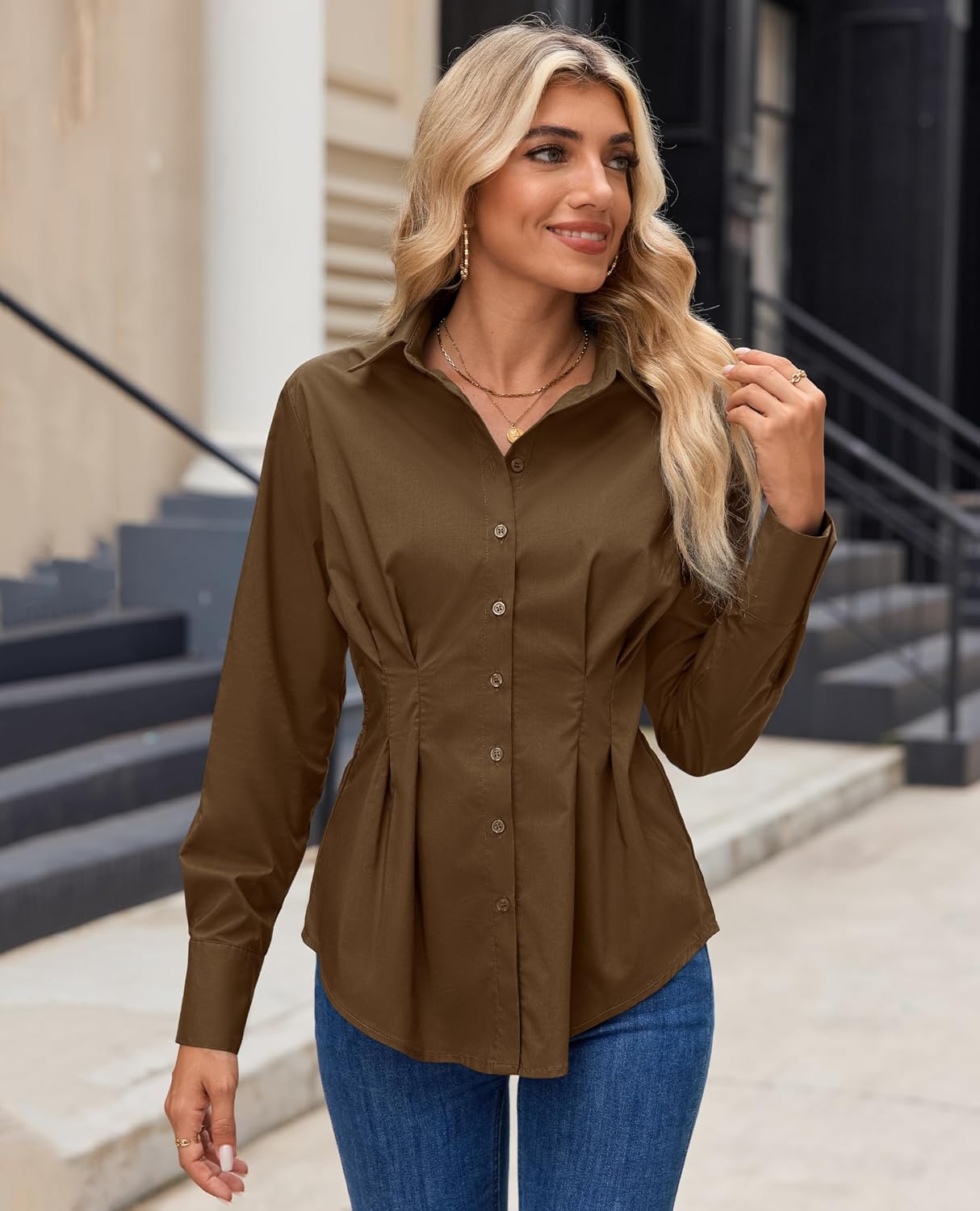 siliteelon Button Down Shirts for Women Cinched Waist Dress Shirt Cotton Long Sleeve Business Casual Work Office Blouse - Image 2