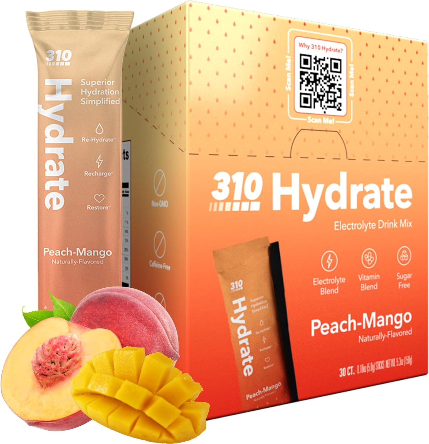 310 Nutrition Sugar Free Electrolytes Powder - Instant Hydration Packets for Daily Fluid Balance - Caffeine-Free Rehydration Drink Mix w/ Vitamins, Low Calorie & Keto Friendly - Peach Mango 30 Singles