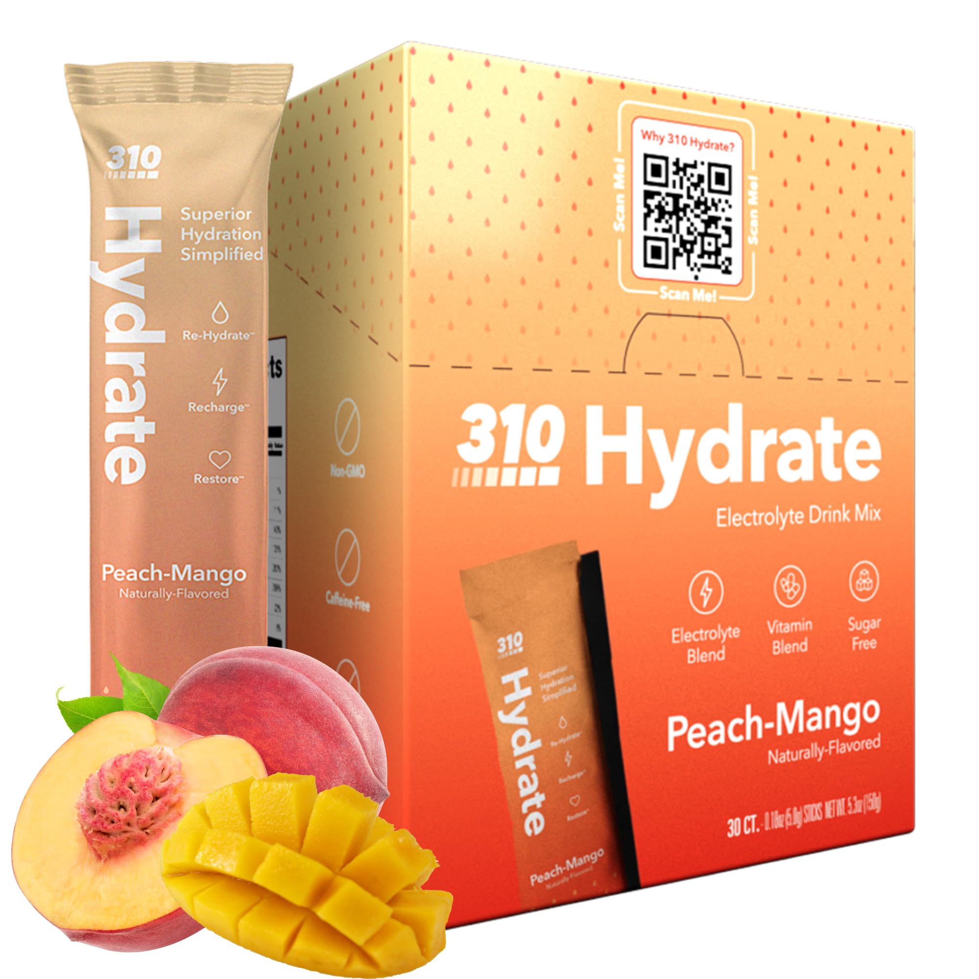 310 Nutrition Sugar Free Electrolytes Powder - Instant Hydration Packets for Daily Fluid Balance - Caffeine-Free Rehydration Drink Mix w/ Vitamins, Low Calorie & Keto Friendly - Peach Mango 30 Singles