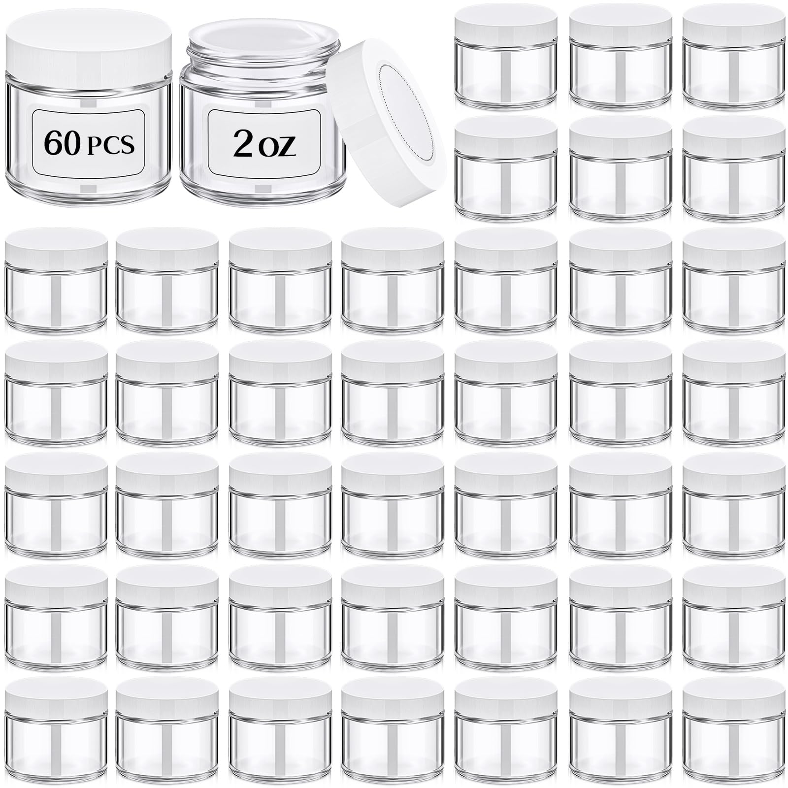 Layhit 60 Pcs 2 oz Glass Jars with Lids Bulk, Small Jars Containers Travel Storage Jar with Inner Liners Labels for Lotions, Cream, Lip Balm (Clear,