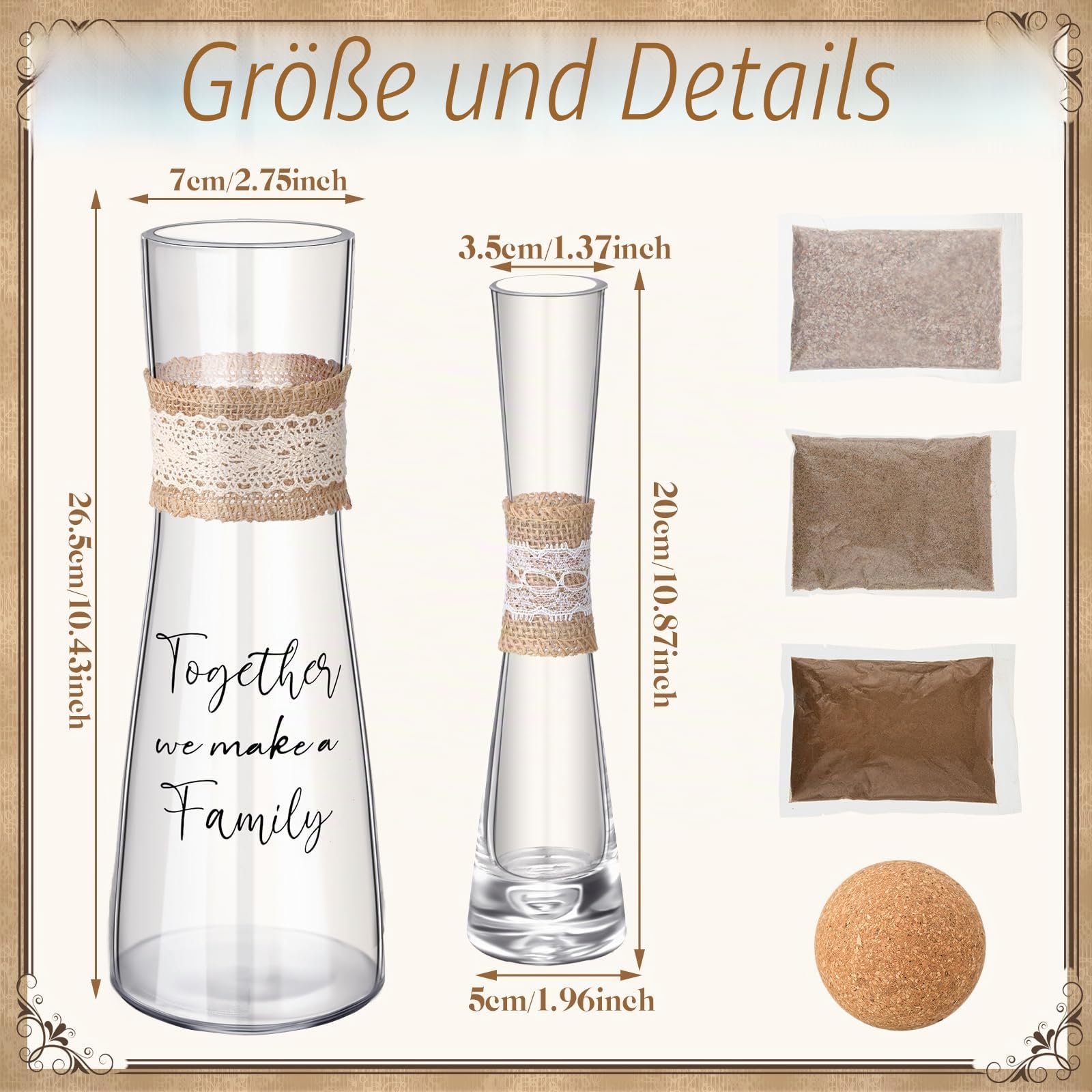 Irenare Unity Sand für Hochzeitszeremonie, Set mit Vase, Sand, Korkstopfen für Hochzeiten, Verlobungen, Jubiläen (rustikal)