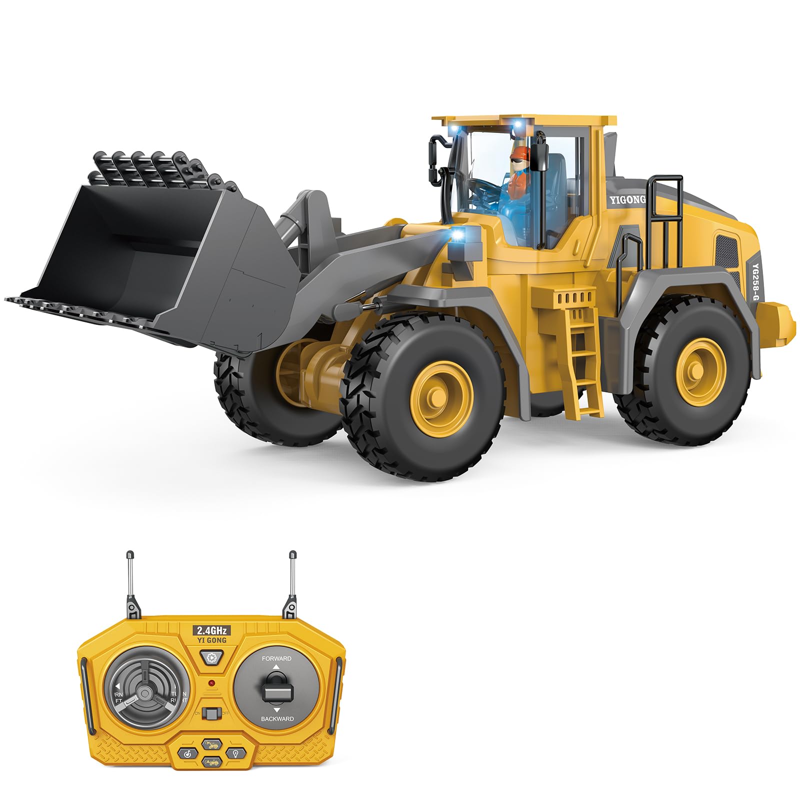 Cargador frontal teledirigido, 9 canales, vehículo de construcción RC (cargador) juguete con luz y sonido, 2,4 GHz, excavadora teledirigida para niños de 6, 7, 8, 9 y 10 años