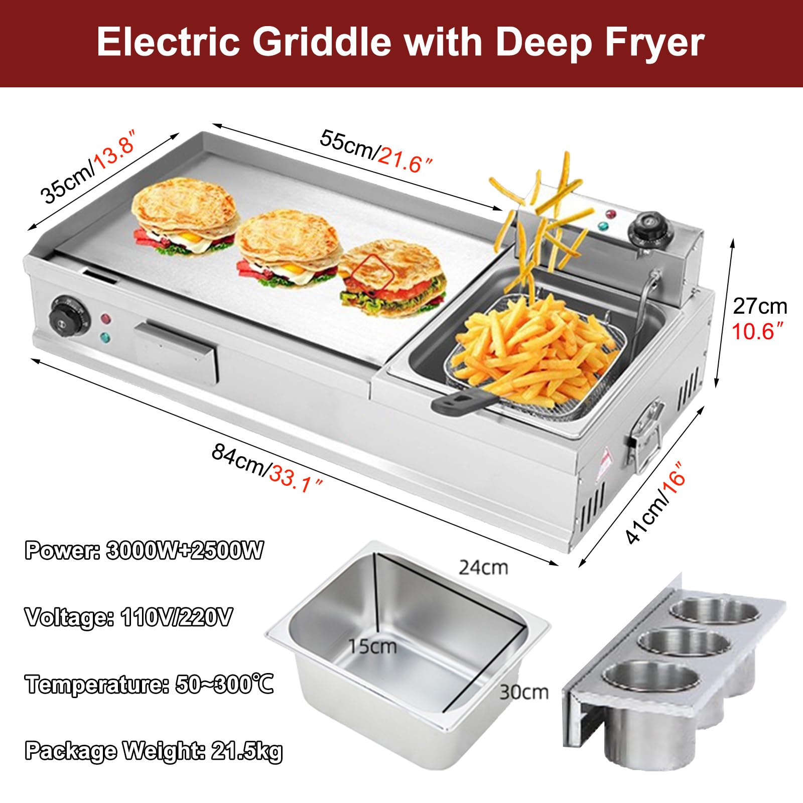Piastre elettriche Extra Large con friggitrice, Piastra da banco Commerciale in Acciaio Inox con griglia per condimenti, per Pizza fritta, L,L